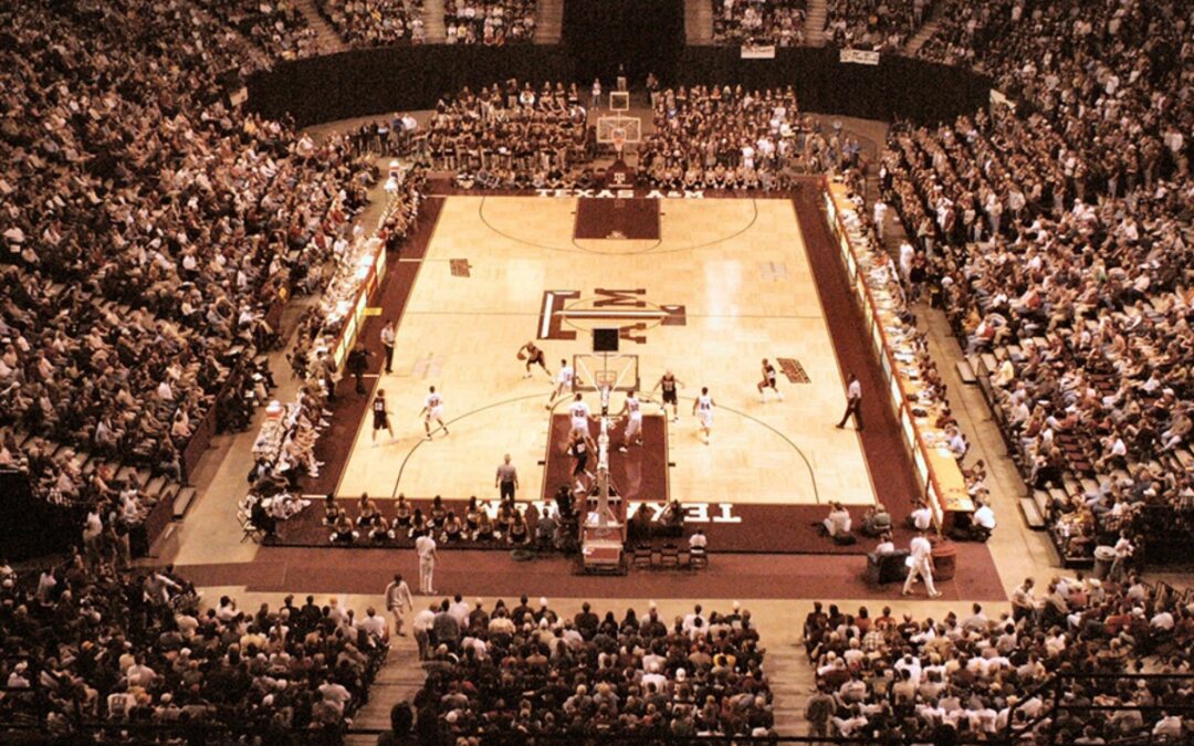 Packed crowd watching a Texas A&M basketball game inside Reed Arena in College Station, Texas