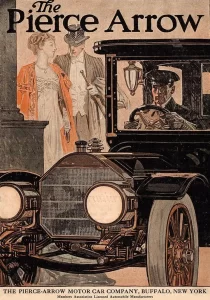 Vintage color illustration advertisement for the Pierce Arrow Motor Car Company of Buffalo New York showing an early automobile with chauffeur and well-dressed passengers